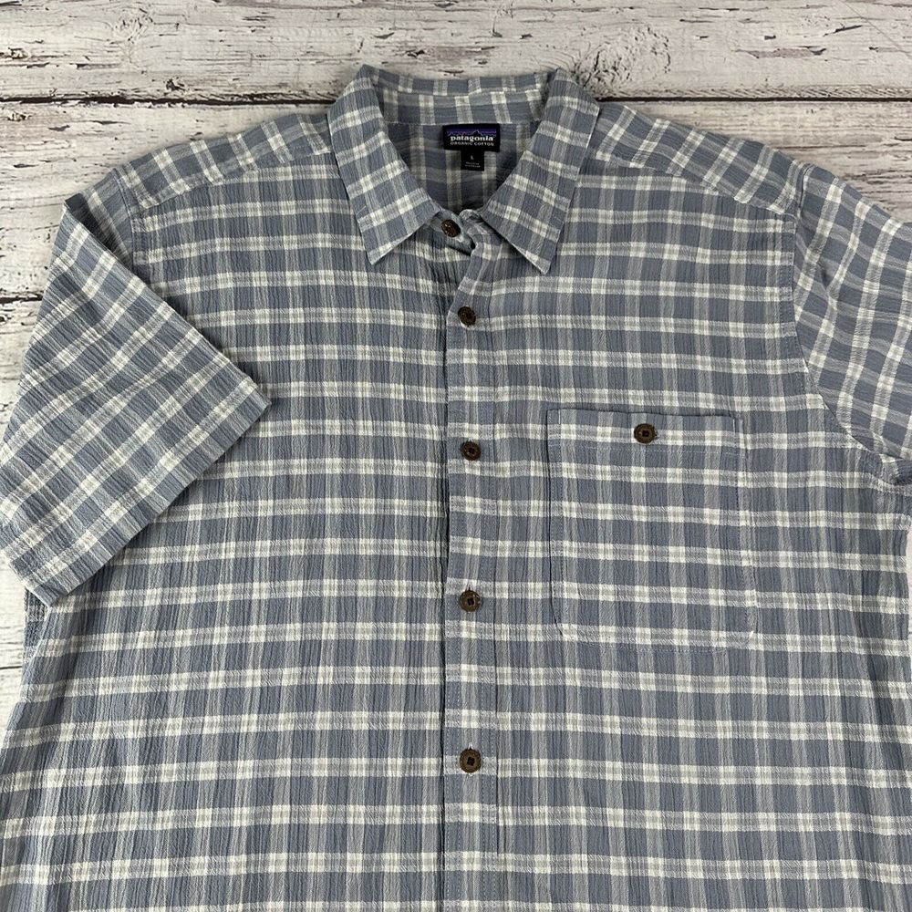 Patagonia Button Shirt Mens Large Plaid Seersucker Short Sleeve Casual Outdoor